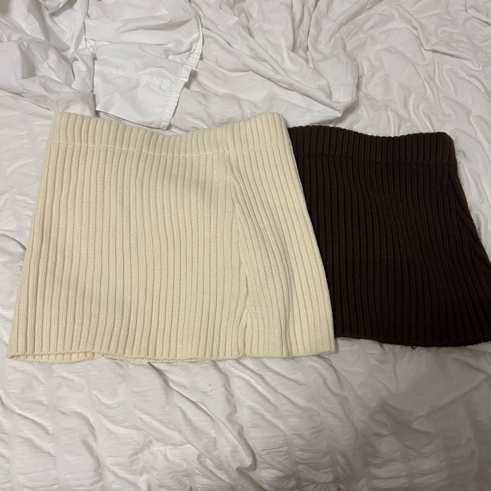 Ribbed Knit Skirt Set - Cream and Brown